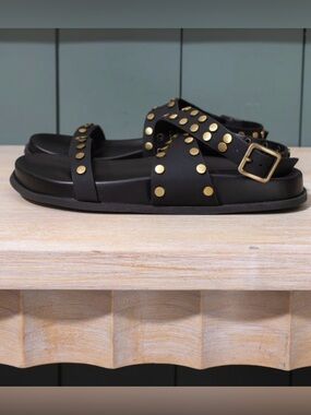 ShuShop Cecily Black Leather Sandals with Gold Studs